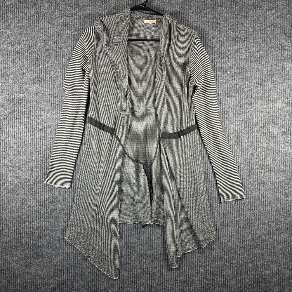 Mystree Hooded Cardigan Small Gray Stripe Open Front‎ Waterfall